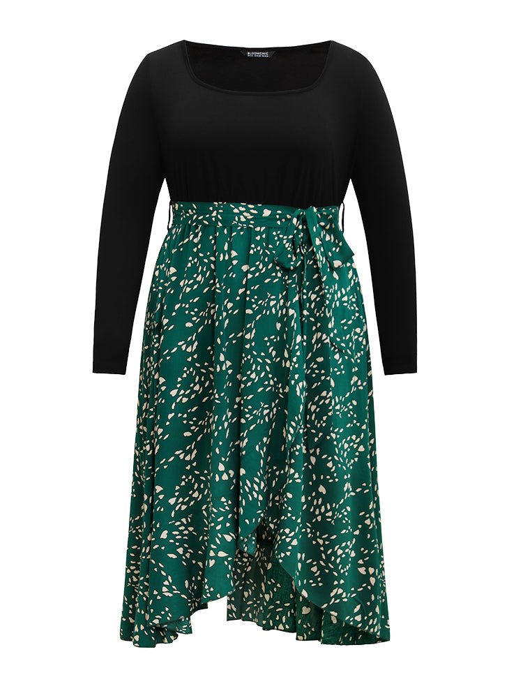 Heart Patchwork Square Neck Belted Arc Hem Dress