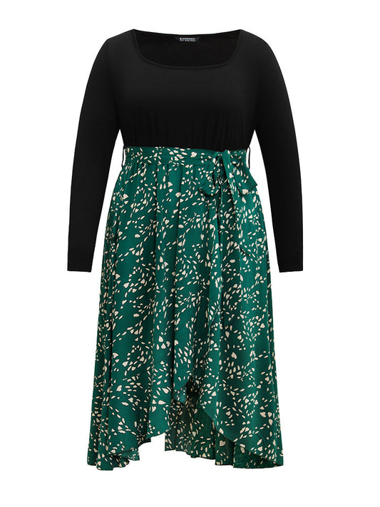 Heart Patchwork Square Neck Belted Arc Hem Dress