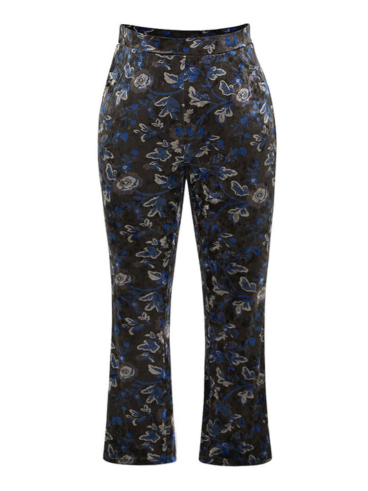 Velvet Floral Elastic Waist High Rise Bootcut Pants