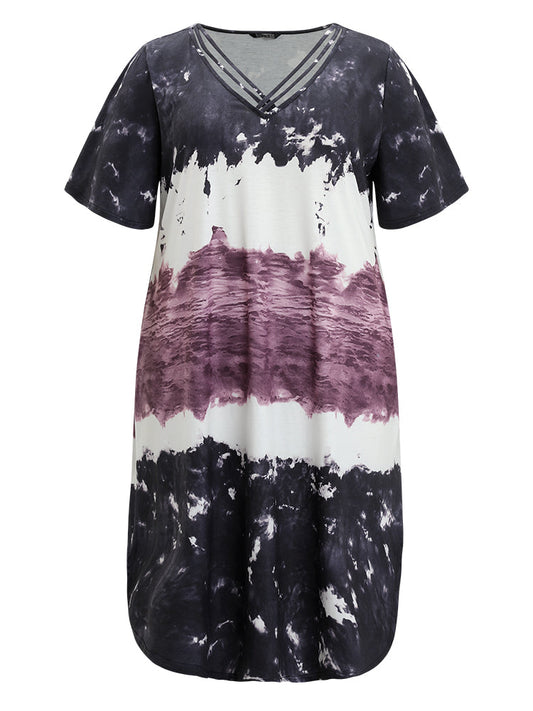 Tie Dye Crisscross Pocket Curved Hem Dress