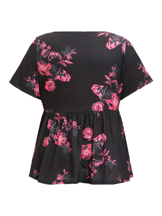 Floral Print Flutter Hem Babydoll T-shirt