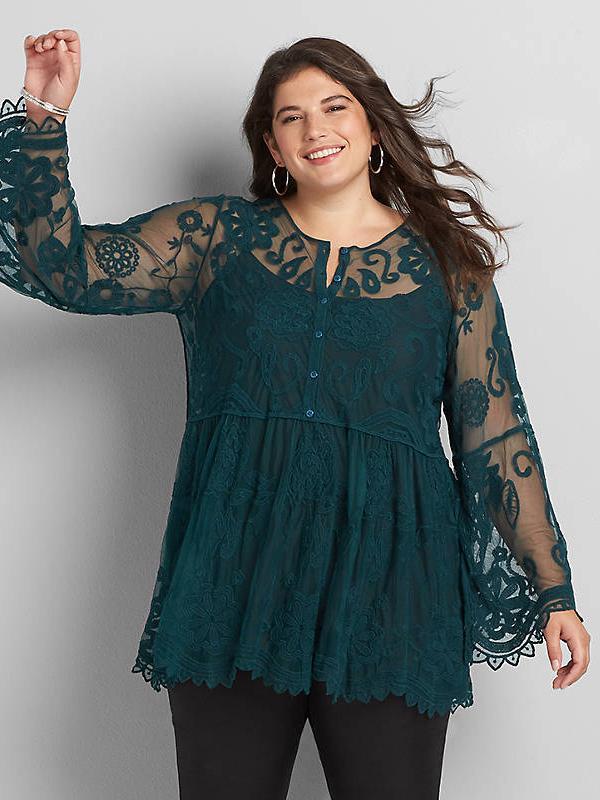 Lace Patchwork Henley Collar Blouse