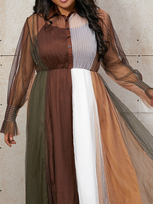 Color Block Mesh Button Dress