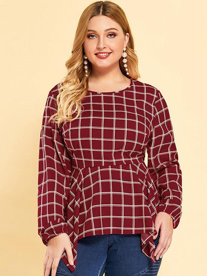 Plaid Irregular Hem Round Neck Blouse