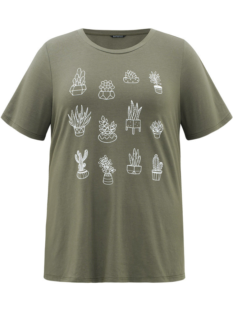 Plants Print Round Neck T-shirt