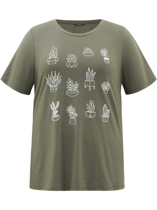 Plants Print Round Neck T-shirt