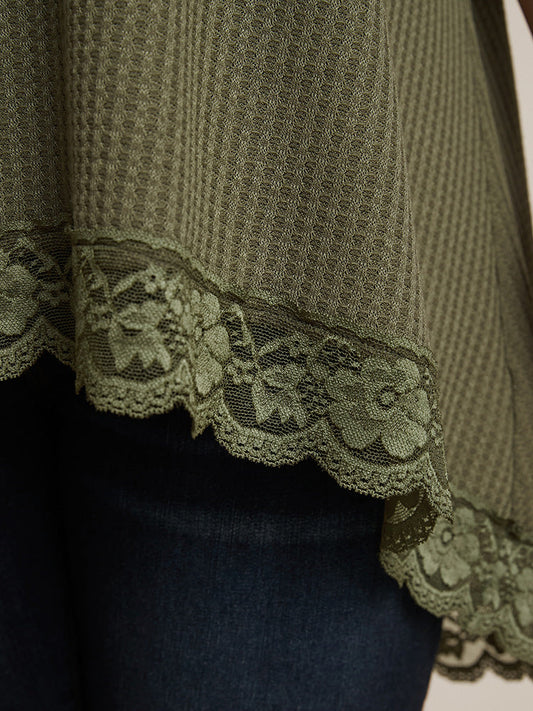 Plain Lace Trim High Low Hem Waffle Knit Tee