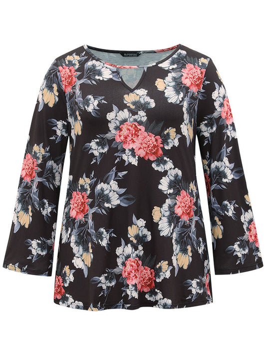 Floral Keyhole Ruffle Sleeve T-shirt