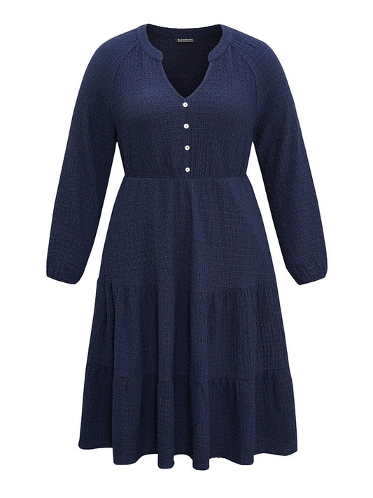 Notched Button Detail Ruffle Layered Hem Dress