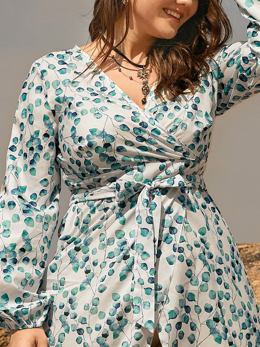 Plant Print Bishop Sleeve Bowknot Split Dress