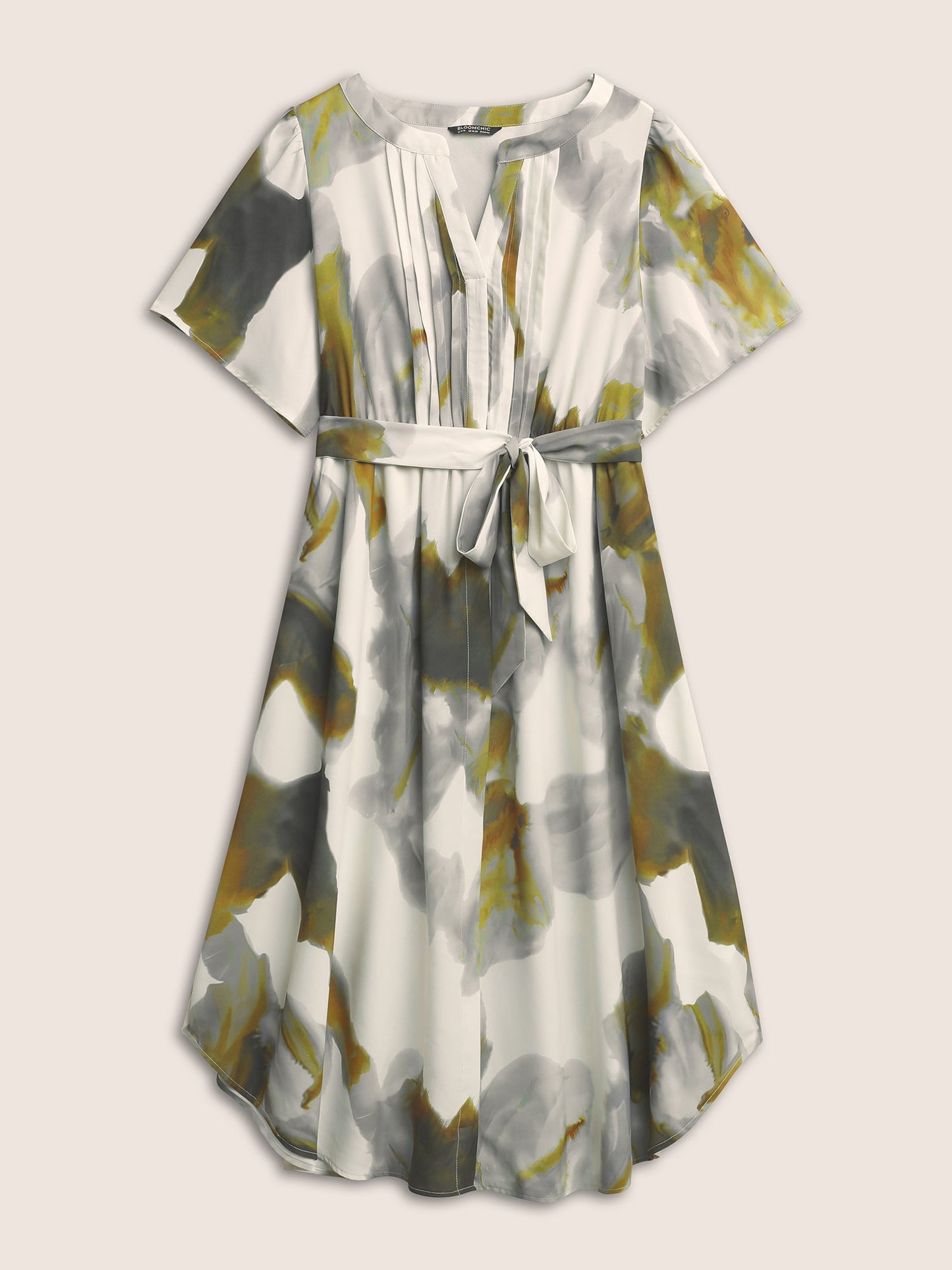 Colorblock Notched Pleated Belted Curved Hem Dress