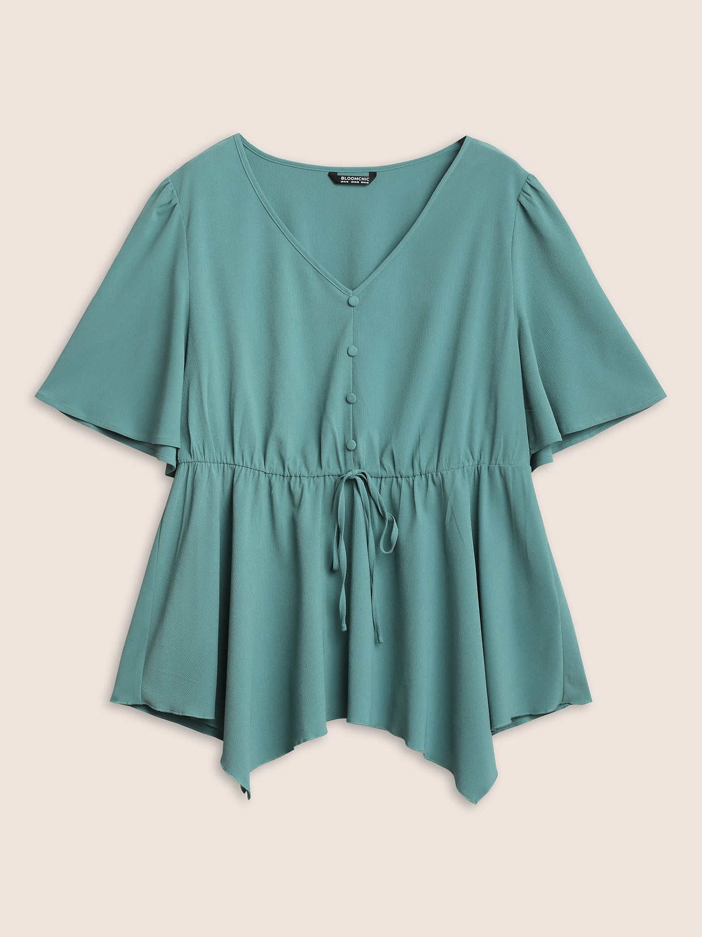 Plain Button Detail Cross Straps Gathered Blouse