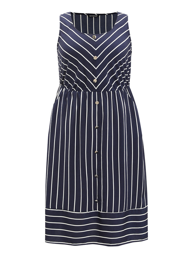 Striped Button Detail Elastic Waist Pocket Tank Dress
