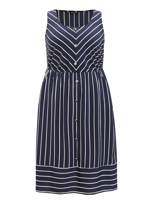 Striped Button Detail Elastic Waist Pocket Tank Dress