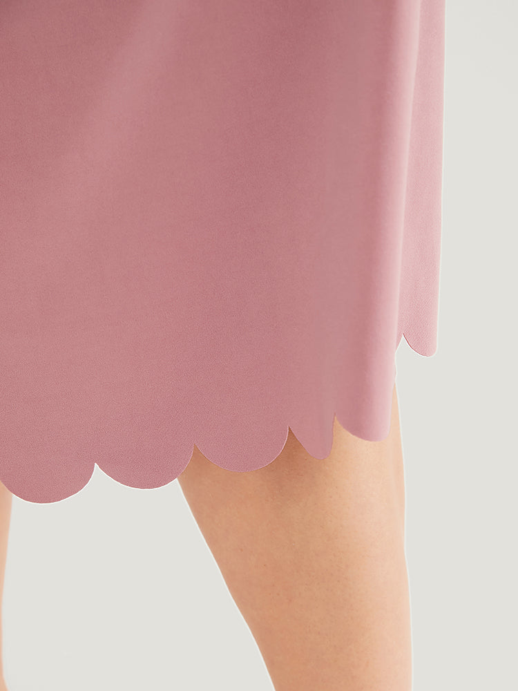 Plain Scalloped Trim Pocket Ruffle Hem Notched Neck Dress