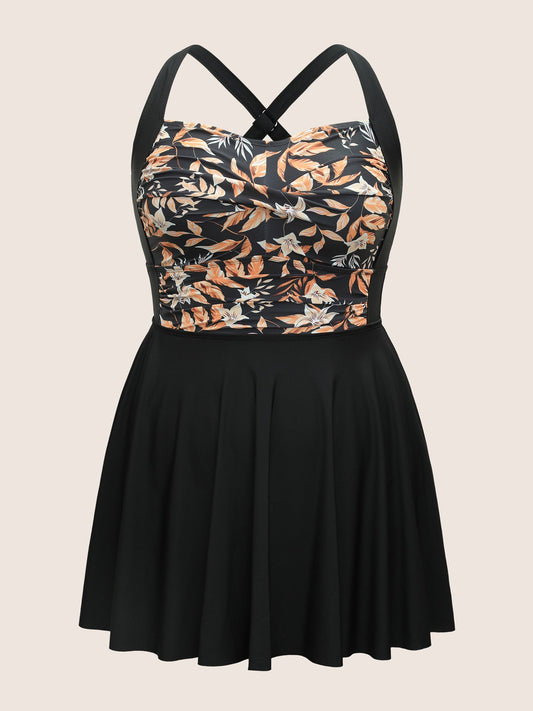 Tropical Graphic Crossover Ruffle Hem Swim Dress