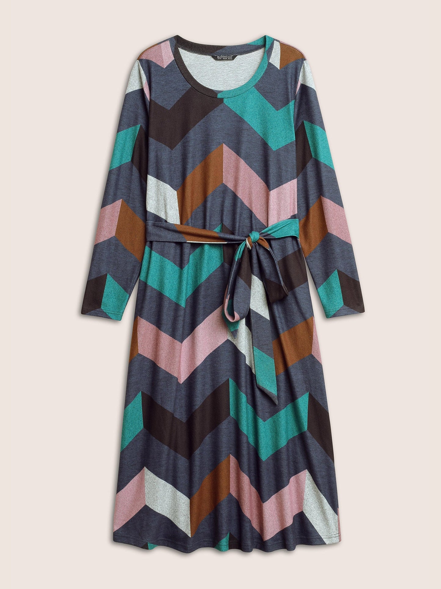 Crew Neck Contrast Colorblock Belted Dress