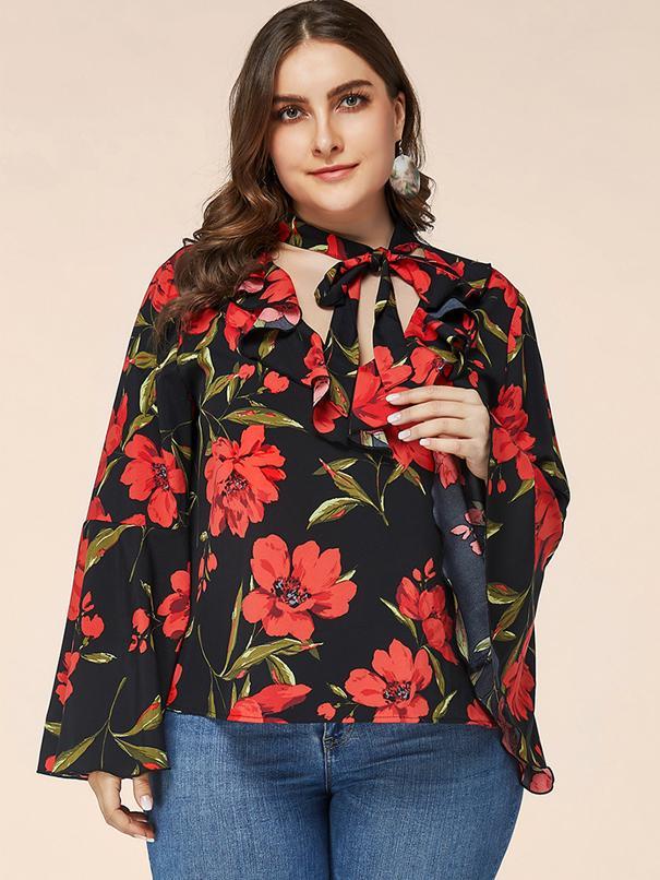 Floral Hollow Out Tie Flared Sleeve Top