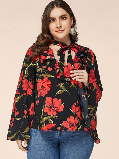 Floral Hollow Out Tie Flared Sleeve Top