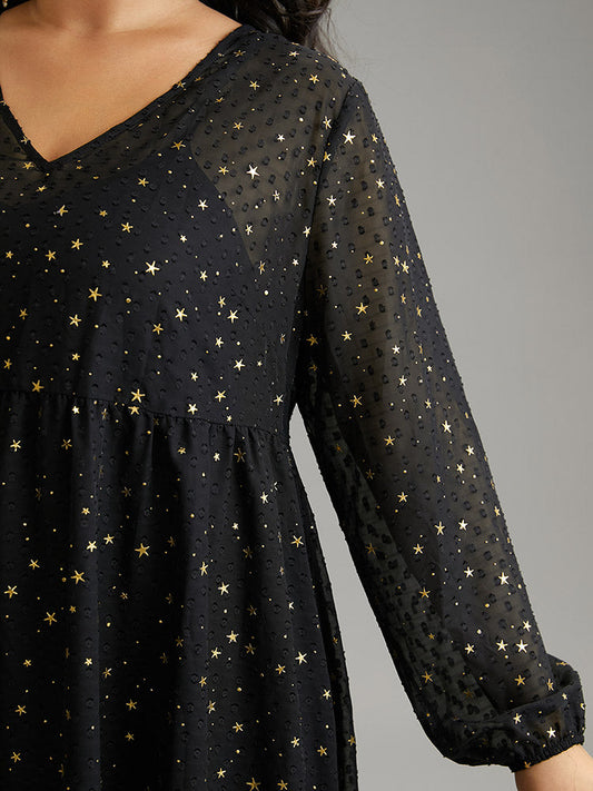 Star Glitter Mesh Lantern Sleeve Ruffle Dress