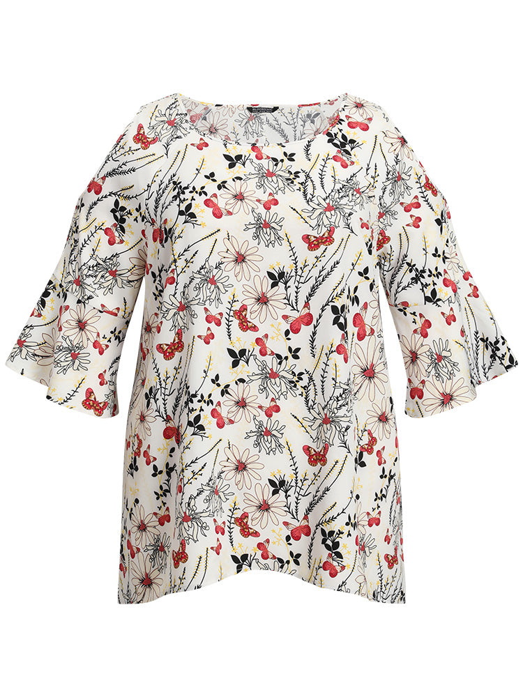 Butterfly & Floral Print Bell Sleeve Cut Out Blouse