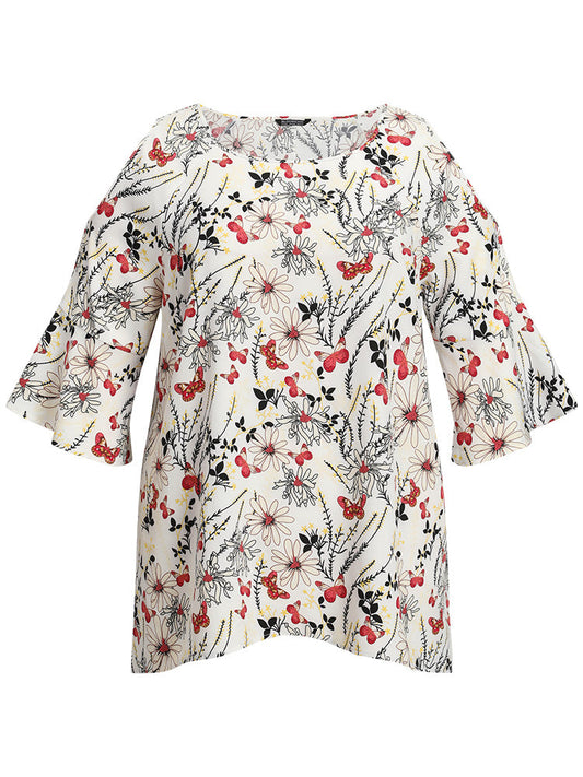 Butterfly & Floral Print Bell Sleeve Cut Out Blouse
