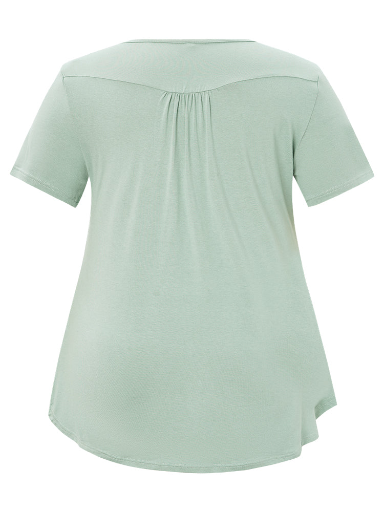 Solid Crew Neck Gathered Button Up T-shirt