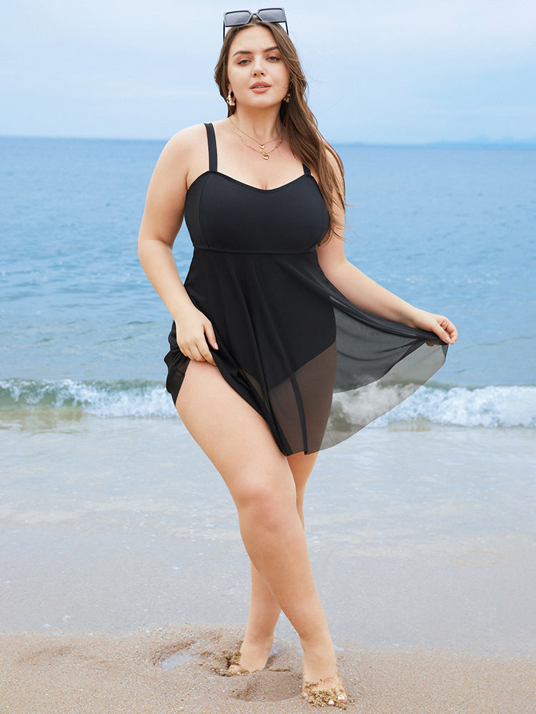 Plain Mesh Adjustable Straps A Line Swim Dress