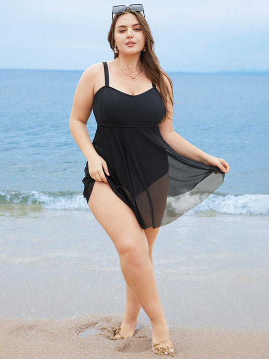 Plain Mesh Adjustable Straps A Line Swim Dress