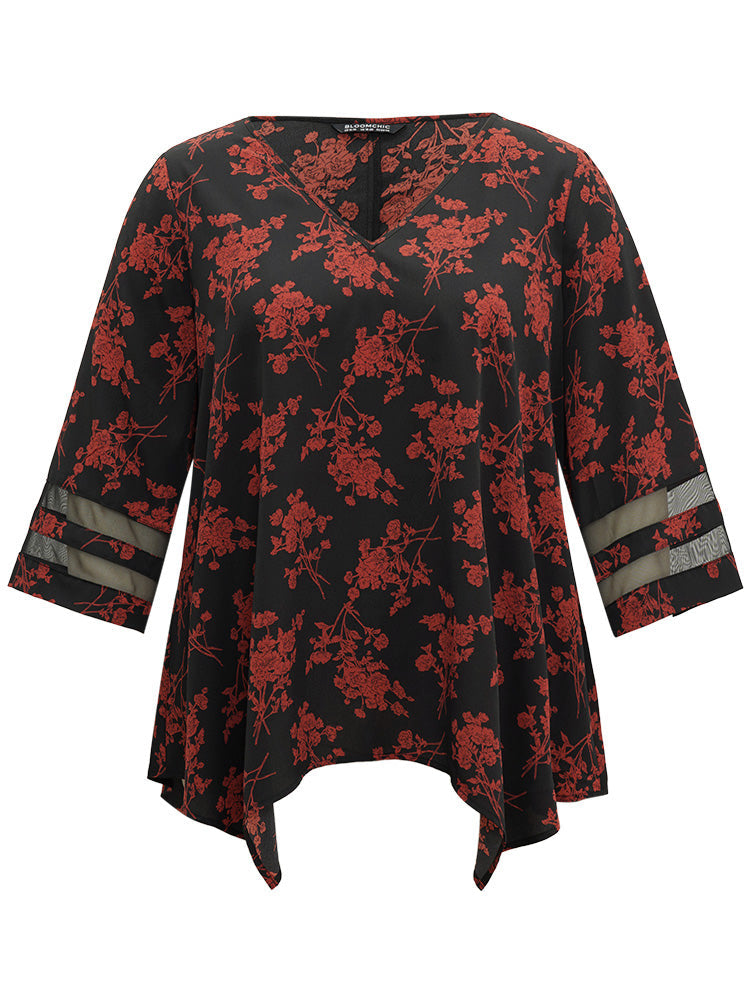 Silhouette Floral Print Patchwork Mesh Hanky Hem Blouse