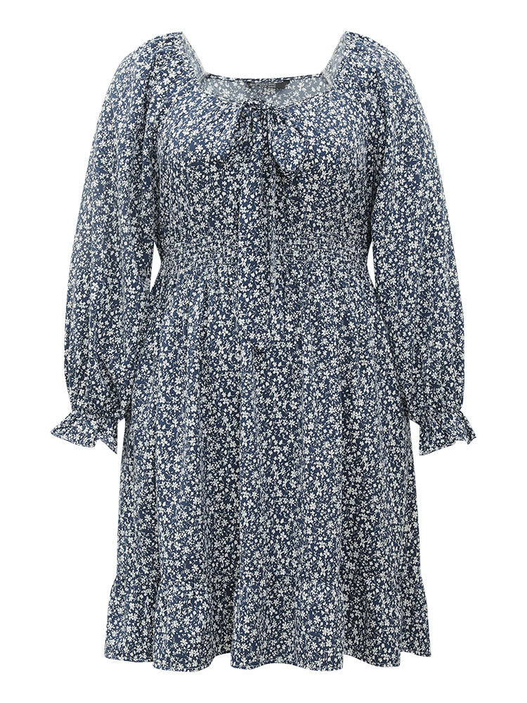 Ditsy Floral Flutter Trim Shirred Knot Neck Dress