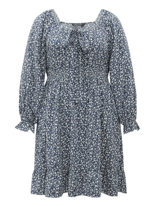 Ditsy Floral Flutter Trim Shirred Knot Neck Dress