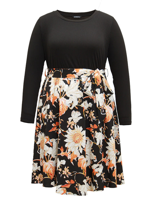 Floral Print Rib Knit Belted Dress