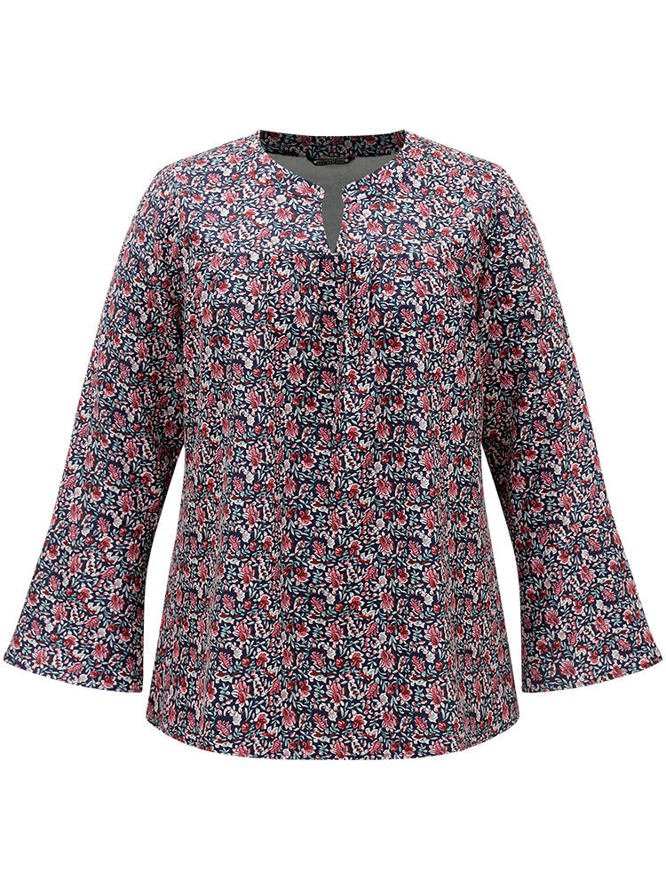 Ditsy Floral Notched Bell Sleeve Blouse