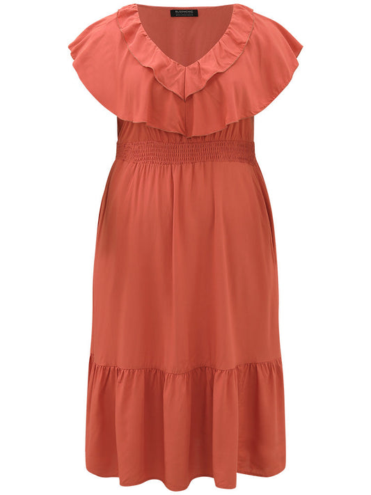 Solid Pocket Ruffle Trim Layered Shirred Dress