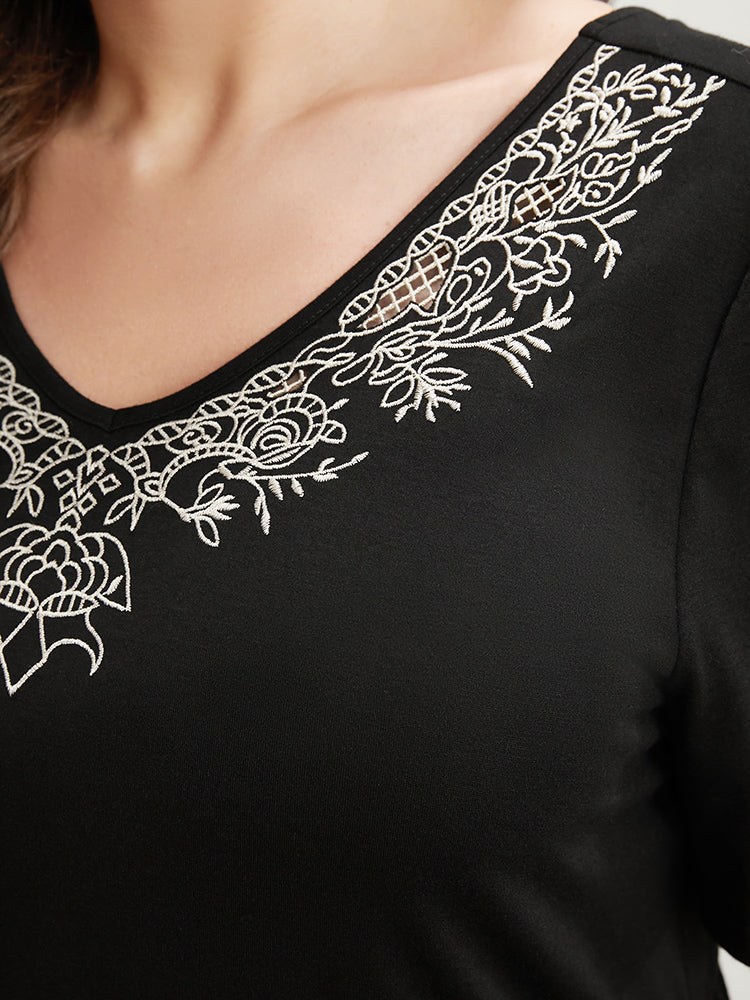 Floral Embroidered V Neck Crisscross Back T-shirt