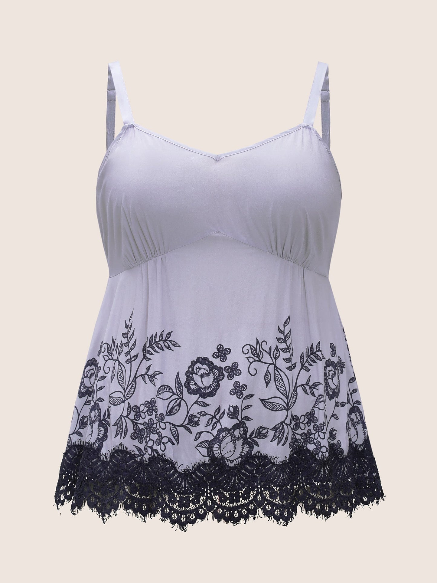 Plants Lace Panel Elastic Waist Sleep Top