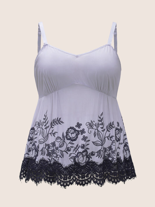 Plants Lace Panel Elastic Waist Sleep Top