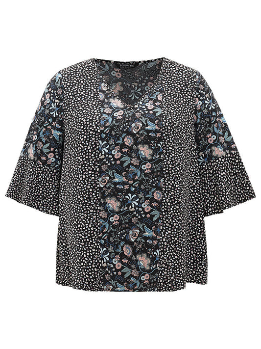 Plants Print Patchwork V Neck Bell Sleeve Blouse