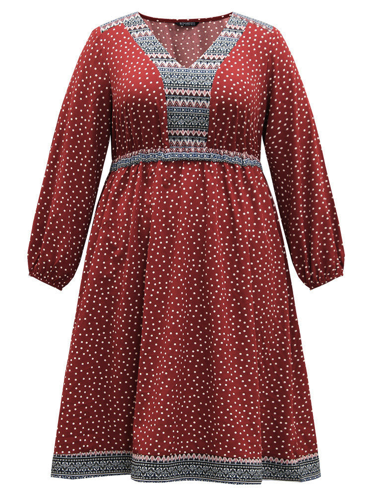 Boho Print Lantern Sleeve Elastic Waist Dress