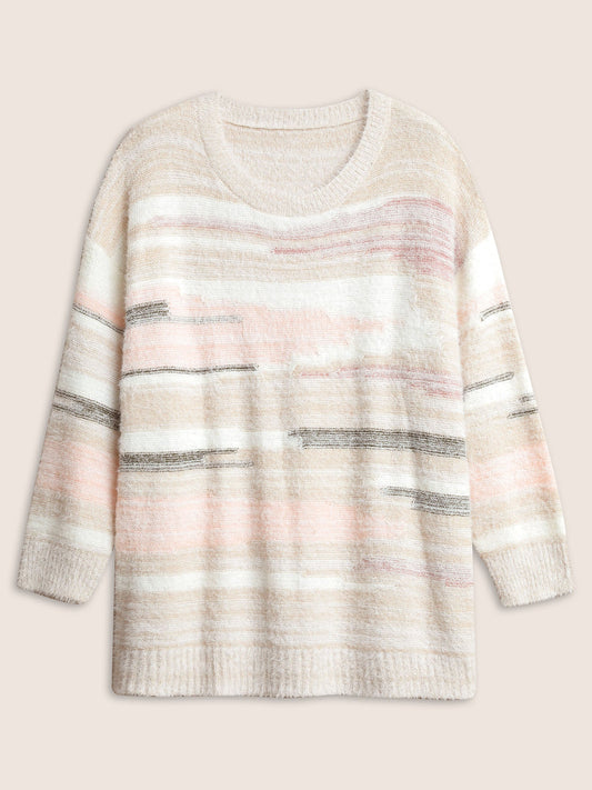 Asymmetrical Colorblock Crew Neck Fluffy Pullover