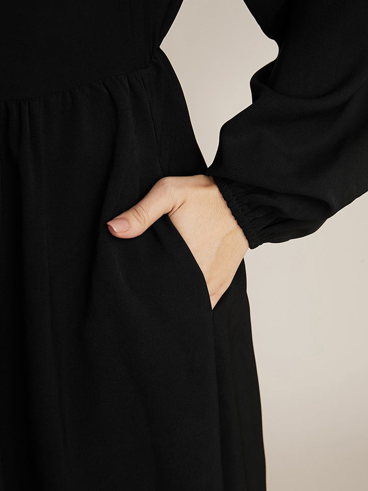 Solid Lantern Sleeve Pocket Chain Detail Button Up Dress