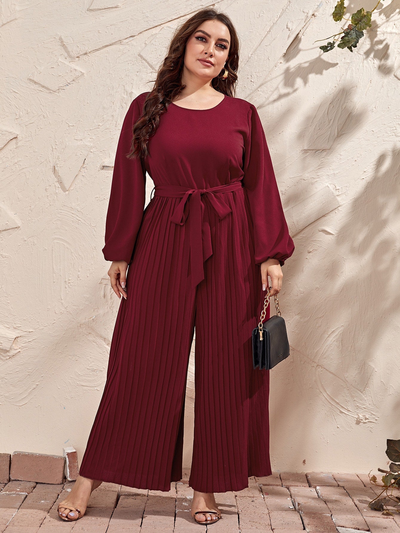 Solid Pleated Belted Jumpsuit