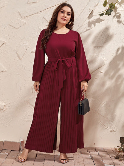 Solid Pleated Belted Jumpsuit