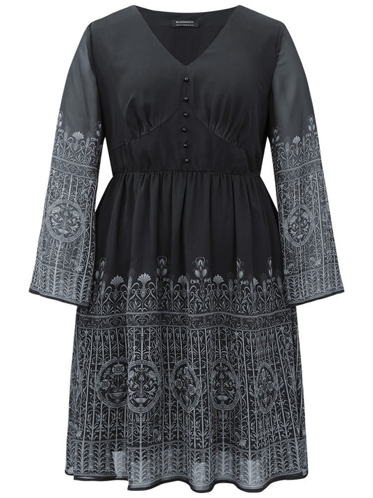 Boho Print Button Detail Bell Sleeve Dress