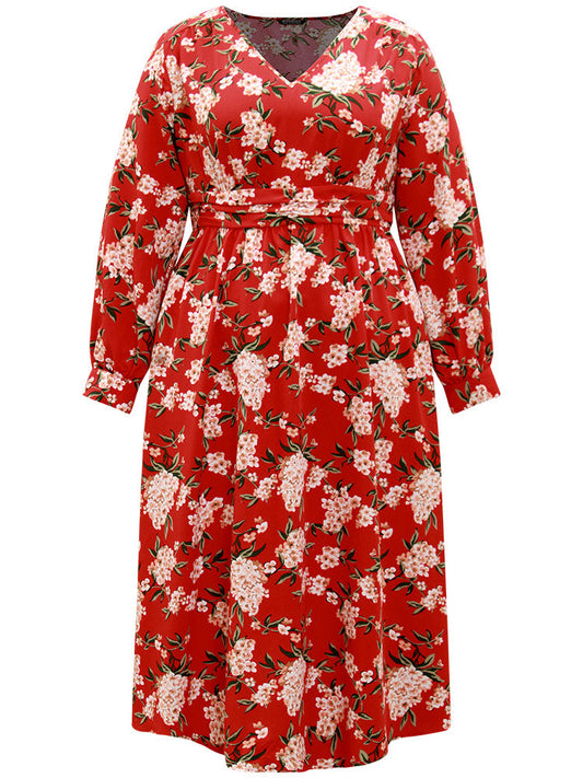 Floral Print Ruched Pocket Pleated Dress