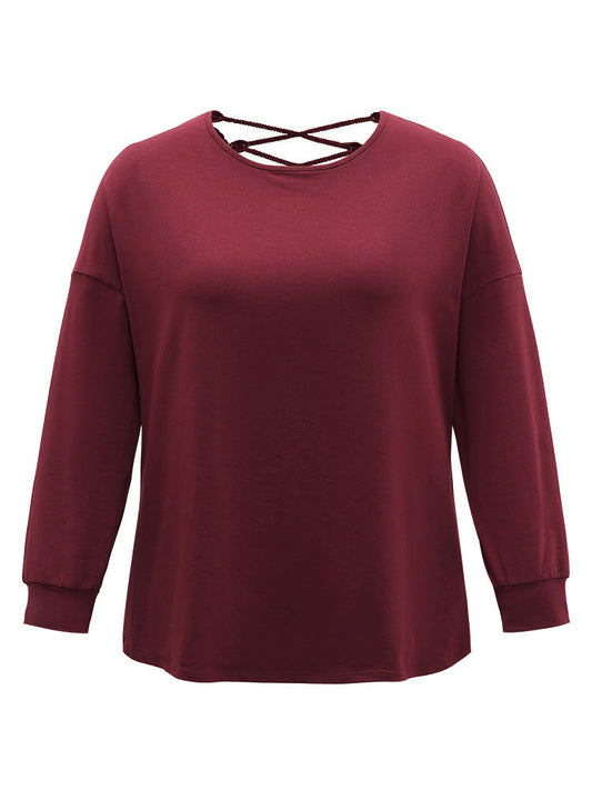 Plain Guipure Lace Crisscross Cut Out Sweatshirt