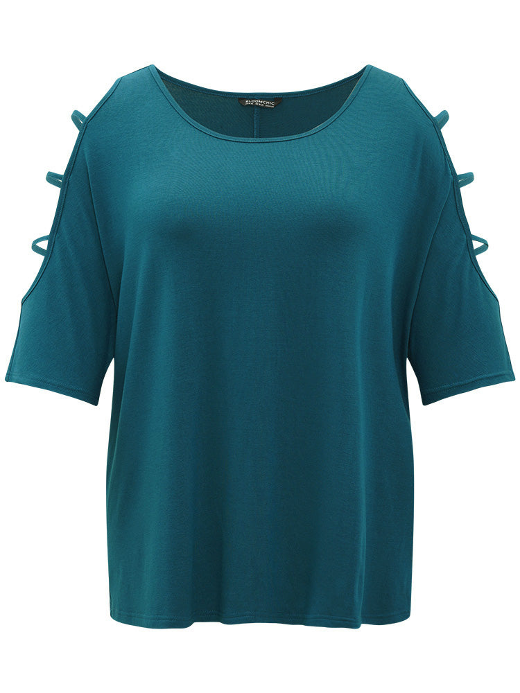 Solid Cut Out Round Neck Dolman Sleeve T-shirt