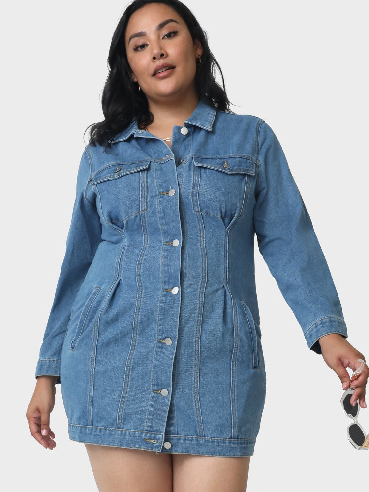 Pocket Lapel Collar Denim Dress