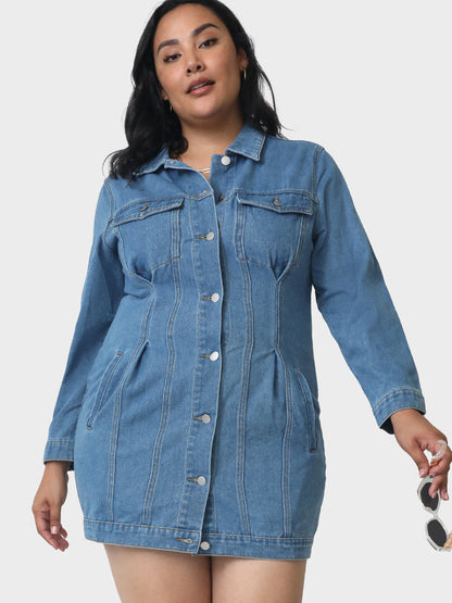 Pocket Lapel Collar Denim Dress